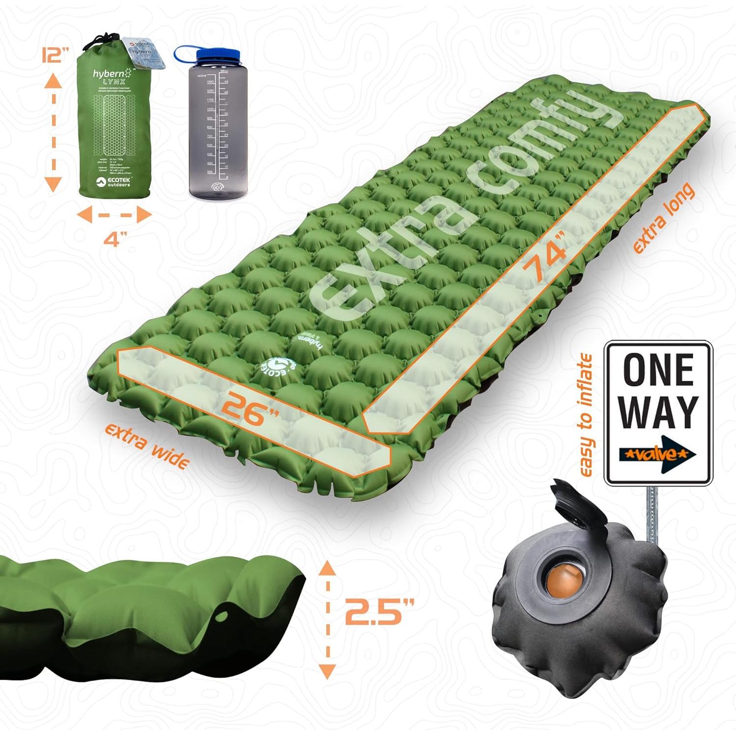 ECOTEK Outdoors Hybern8 Lynx - Linkable, Oversized Sleeping Pad - Innovative & Easy to Use - Lightweight & Compact - Perfect for Backpackers, Overlanders, Couples, and Families (Fire Orange)