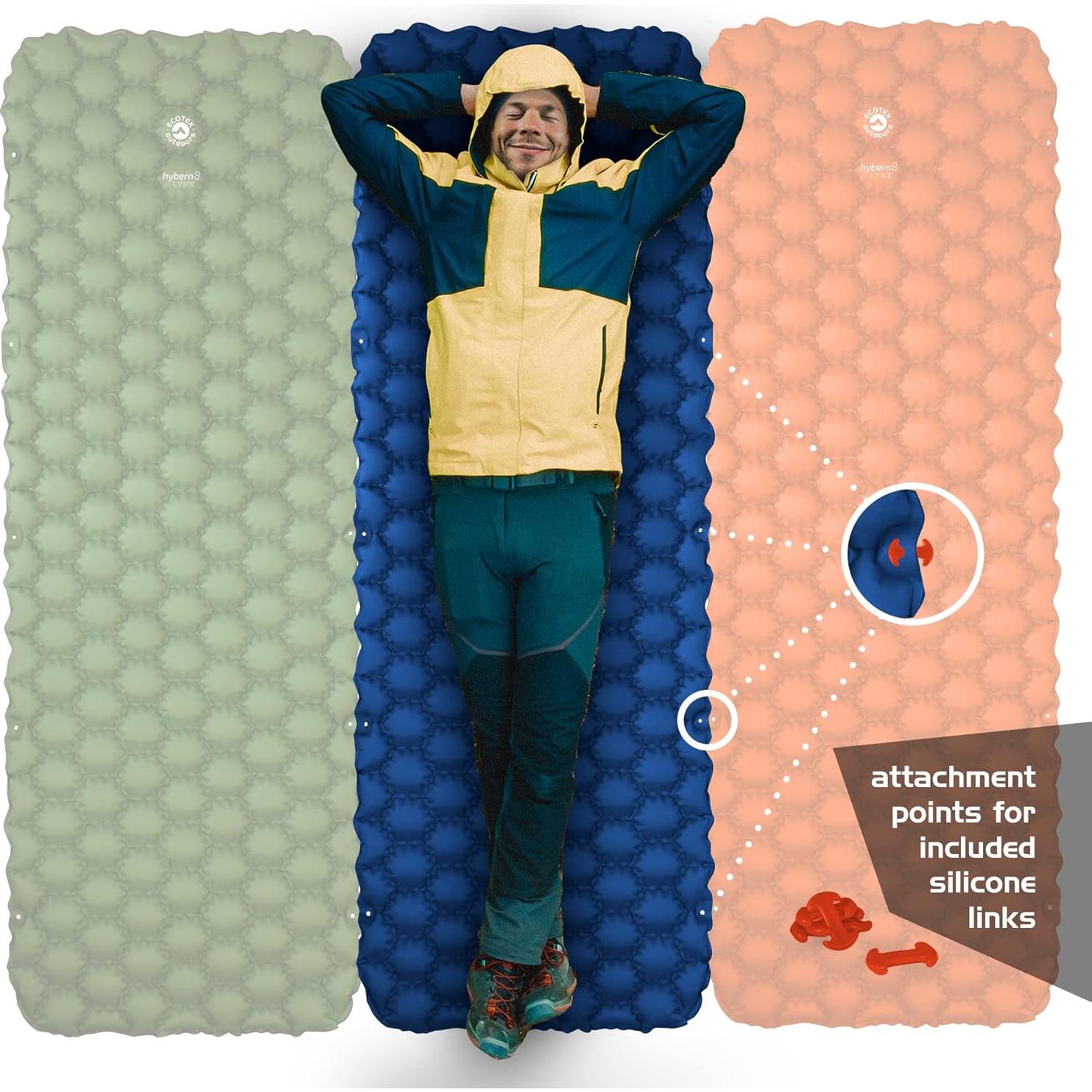 ECOTEK Outdoors Hybern8 Lynx - Linkable, Oversized Sleeping Pad - Innovative & Easy to Use - Lightweight & Compact - Perfect for Backpackers, Overlanders, Couples, and Families (Fire Orange)