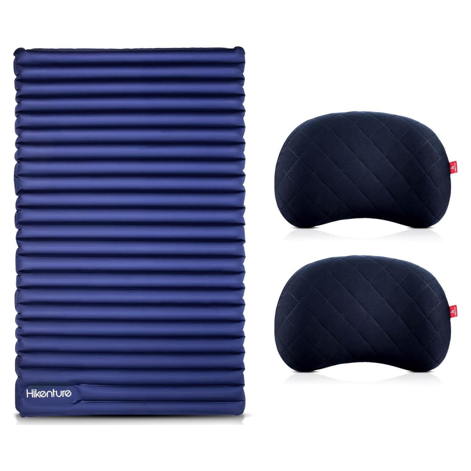 Double Sleeping Pad Large with 2 Inflatable Camping Pillows Blue