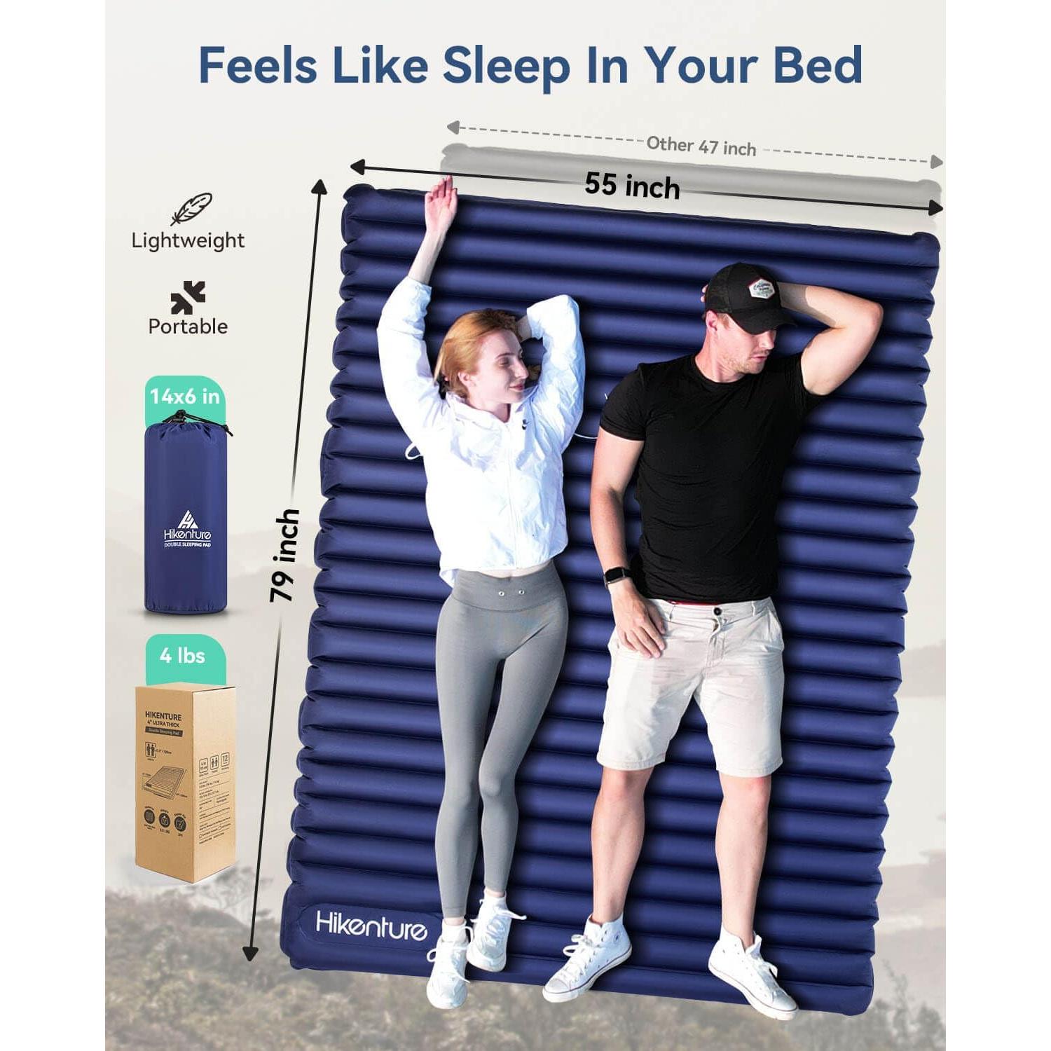 Double Sleeping Pad Large with 2 Inflatable Camping Pillows Blue