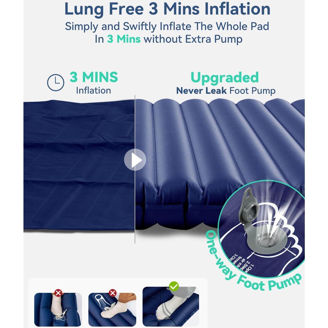 Double Sleeping Pad Large with 2 Inflatable Camping Pillows Blue