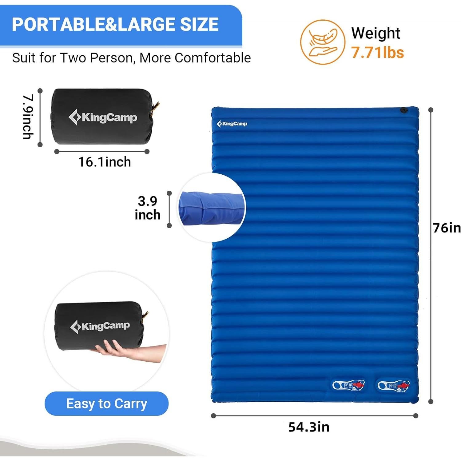 Colchón Inflable Doble KingCamp KM3589 Azul 3.9" Grueso