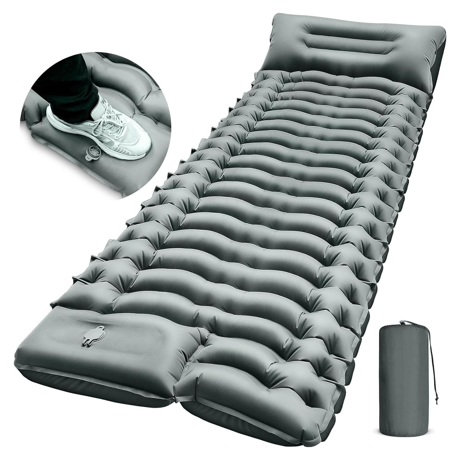 Camping Sleeping Pad, Ultralight Camp Pad with Pillow, Built-in Foot Pump, Inflatable Sleeping Pad, Compact Size for Camping, Backpacking, Hiking and Traveling - Gray