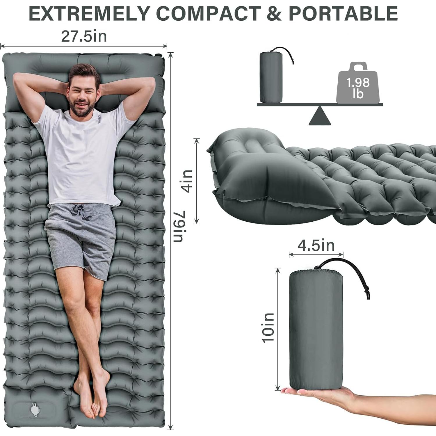 Camping Sleeping Pad, Ultralight Camp Pad with Pillow, Built-in Foot Pump, Inflatable Sleeping Pad, Compact Size for Camping, Backpacking, Hiking and Traveling - Gray