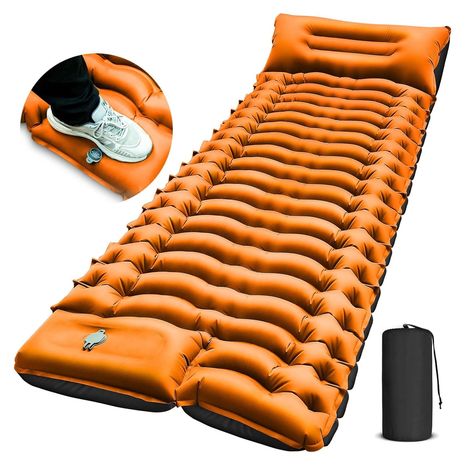 Camping Sleeping Pad, Ultralight Camping Mat with Pillow Built-in Foot Pump Inflatable Sleeping Pads Compact for Camping Backpacking Hiking Traveling - Orange