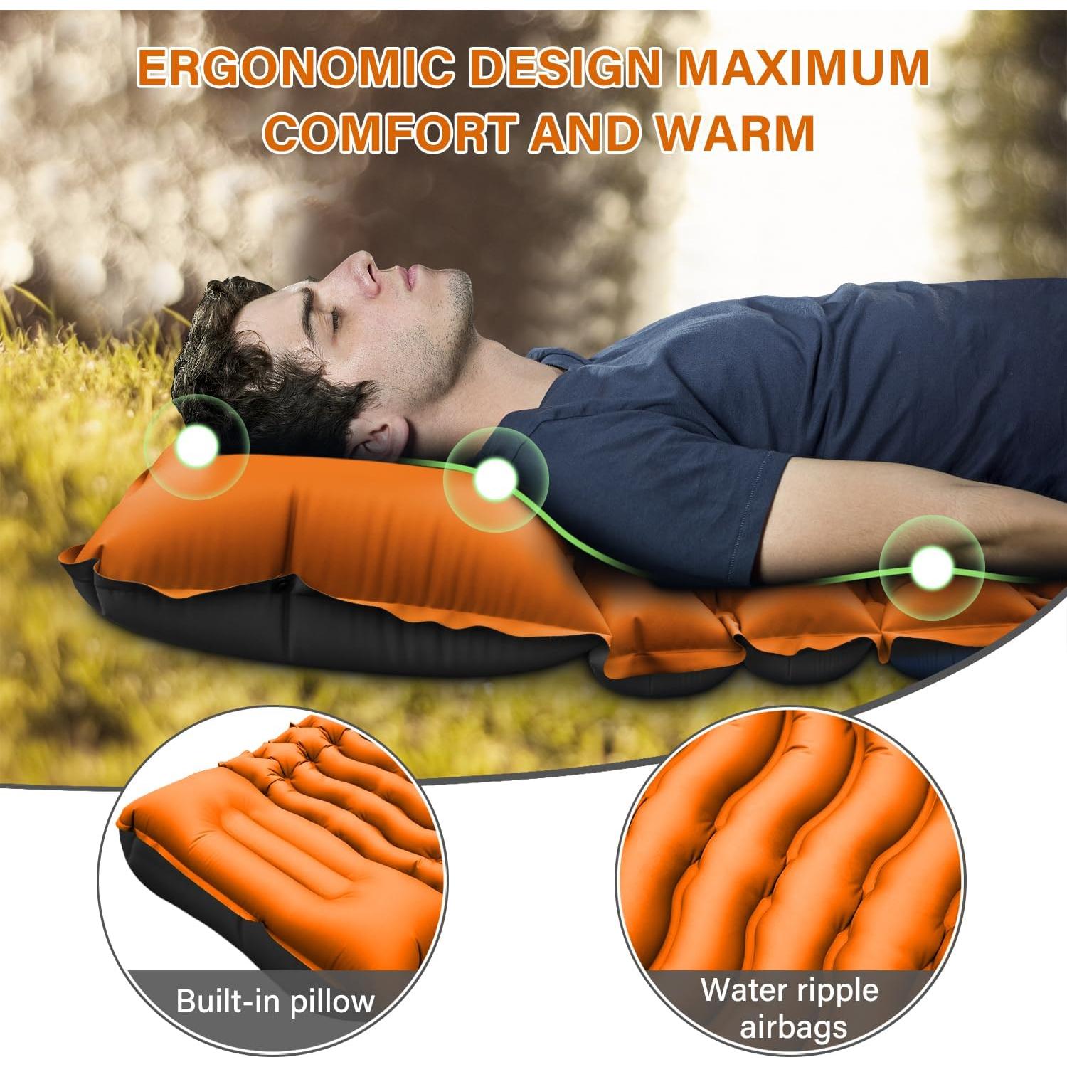 Camping Sleeping Pad, Ultralight Camping Mat with Pillow Built-in Foot Pump Inflatable Sleeping Pads Compact for Camping Backpacking Hiking Traveling - Orange