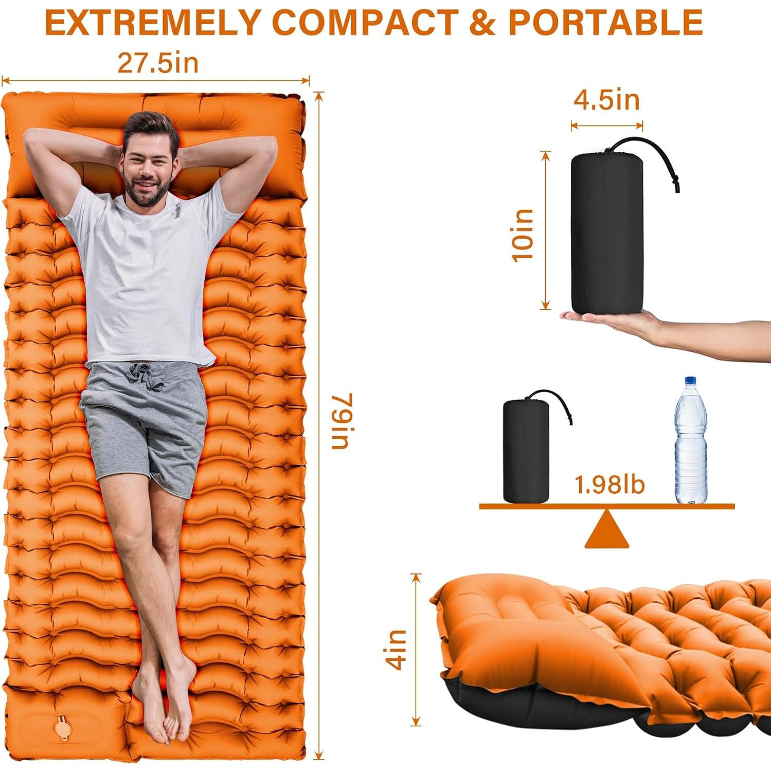 Camping Sleeping Pad, Ultralight Camping Mat with Pillow Built-in Foot Pump Inflatable Sleeping Pads Compact for Camping Backpacking Hiking Traveling - Orange