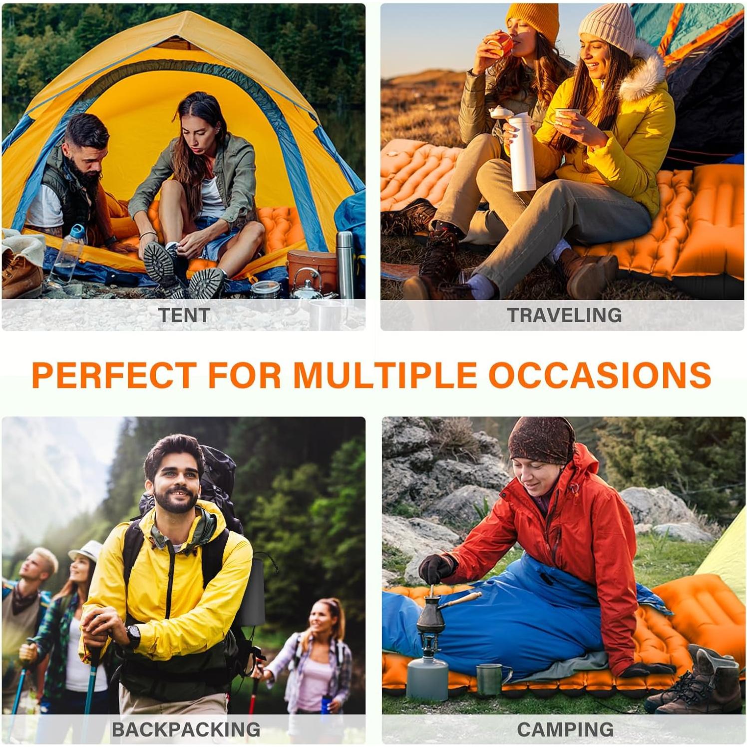 Camping Sleeping Pad, Ultralight Camping Mat with Pillow Built-in Foot Pump Inflatable Sleeping Pads Compact for Camping Backpacking Hiking Traveling - Orange