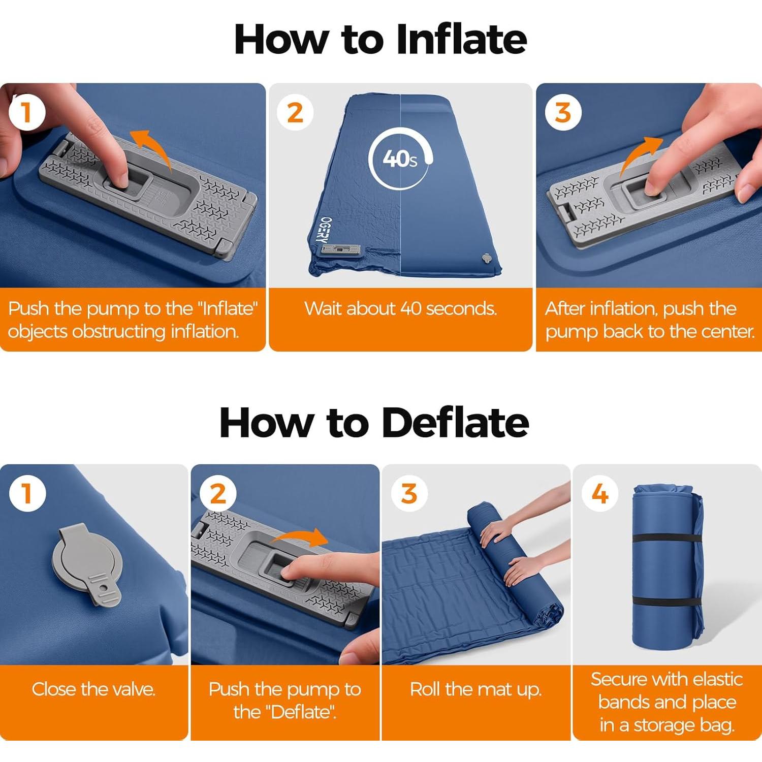 Colchón Autoinflable OGERY 3.15" Espuma Viscoelástica Azul