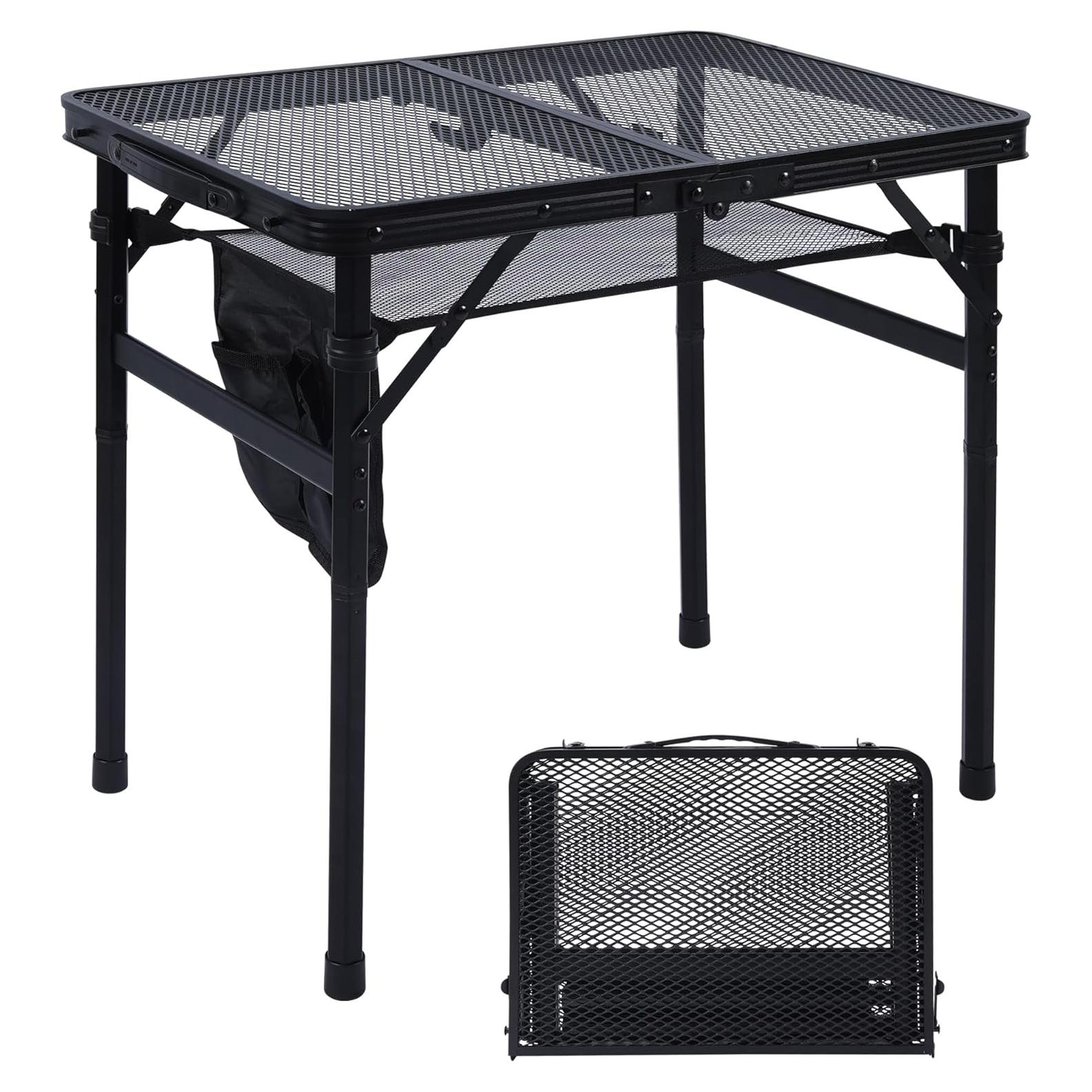 Camping Table, 2x1.3 FT Portable Folding Grill Table, Lightweight Height Adjustable Metal Tables with Mesh Desktop and Mesh Bag, Outdoor Tables for Camping, Picnic, Beach and BBQ, Black