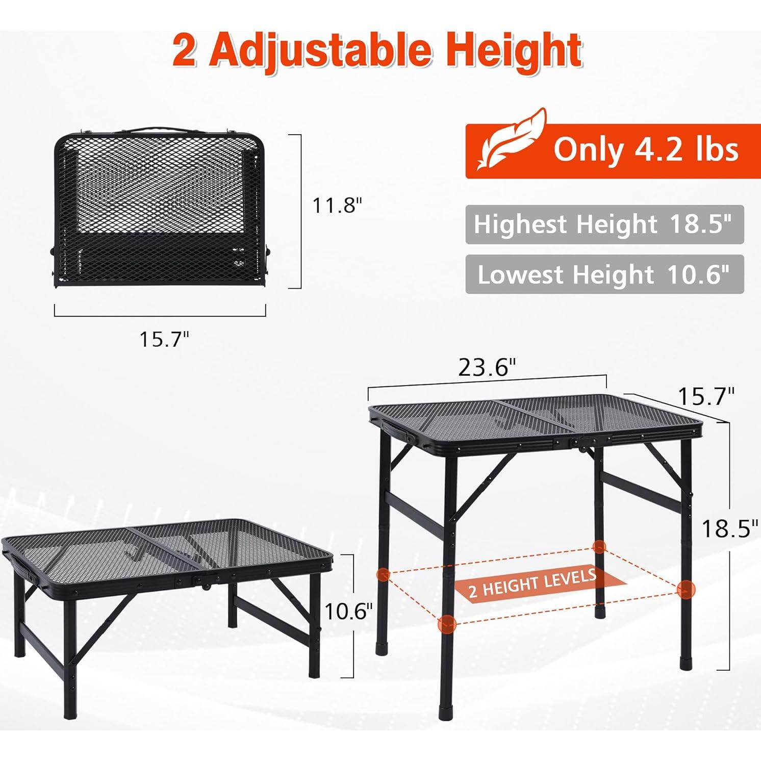 Camping Table, 2x1.3 FT Portable Folding Grill Table, Lightweight Height Adjustable Metal Tables with Mesh Desktop and Mesh Bag, Outdoor Tables for Camping, Picnic, Beach and BBQ, Black