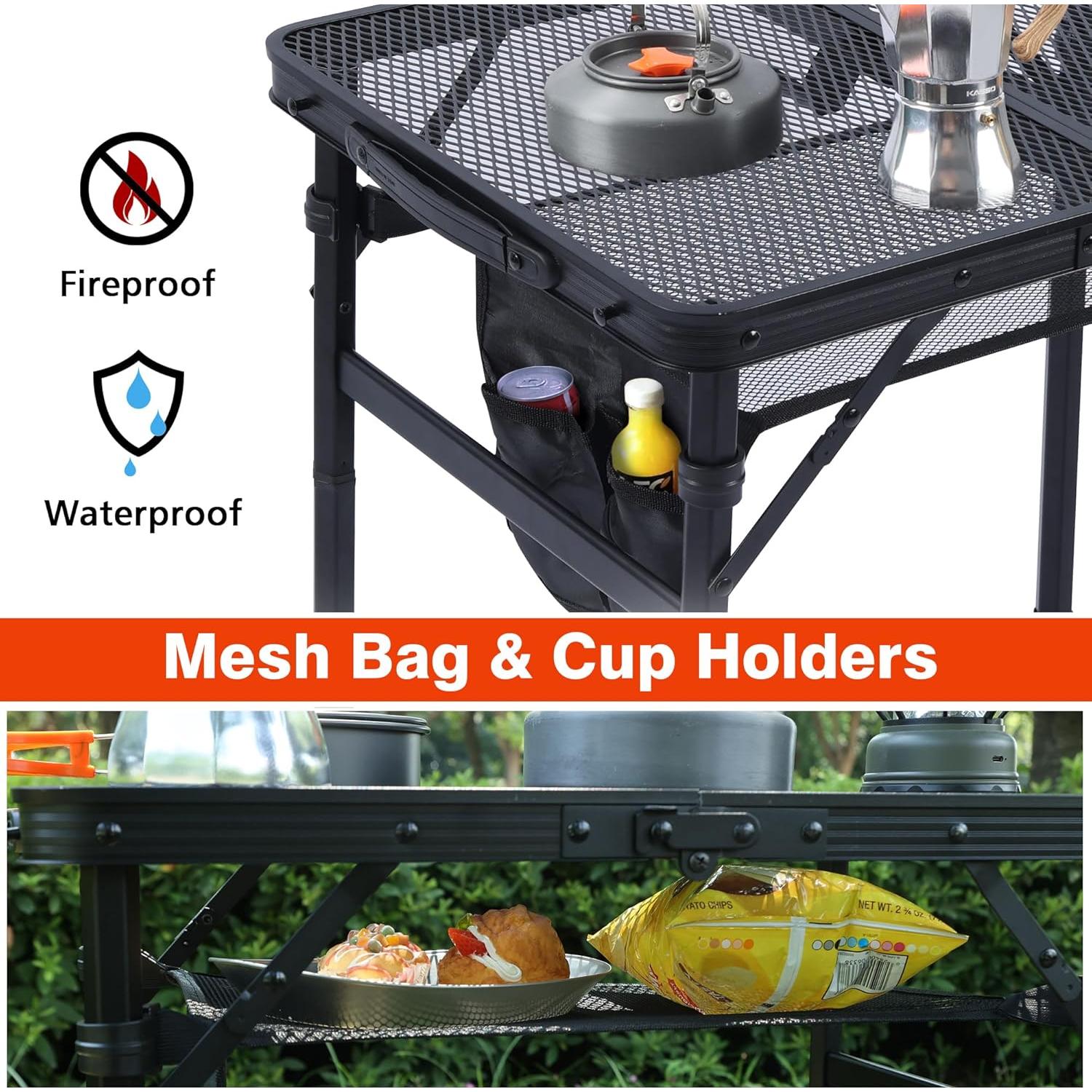 Camping Table, 2x1.3 FT Portable Folding Grill Table, Lightweight Height Adjustable Metal Tables with Mesh Desktop and Mesh Bag, Outdoor Tables for Camping, Picnic, Beach and BBQ, Black