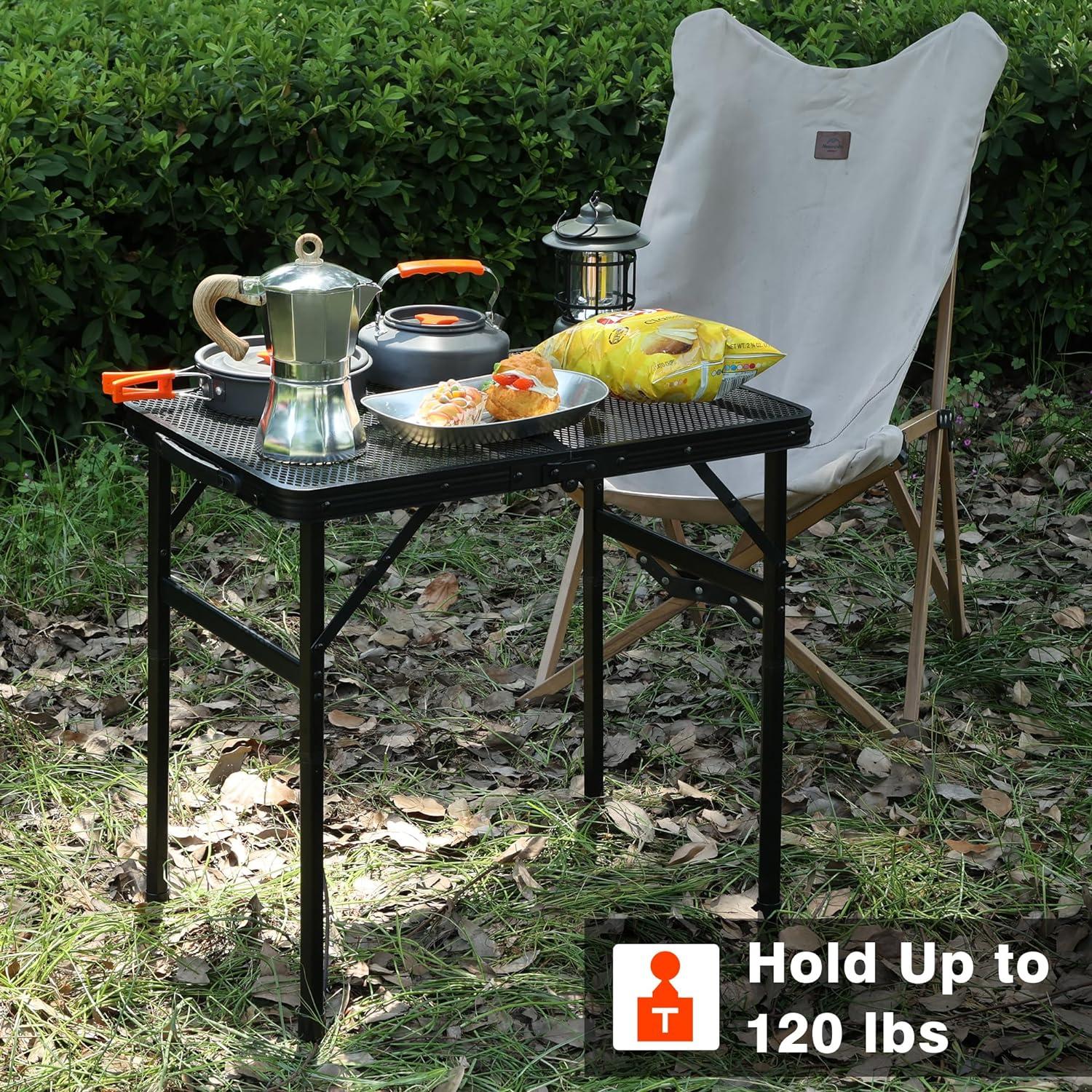 Camping Table, 2x1.3 FT Portable Folding Grill Table, Lightweight Height Adjustable Metal Tables with Mesh Desktop and Mesh Bag, Outdoor Tables for Camping, Picnic, Beach and BBQ, Black