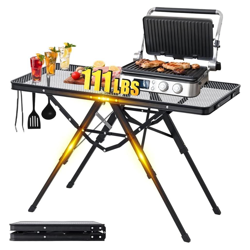 Folding Camping Grill Table 3ft x 1.3ft, Heat Resistant Tabletop Heavy Duty 111lbs, Portable Adjustable Picnic BBQ Outdoor Easy to Use Black (Black, 3ft x 1.3ft - 111lbs)