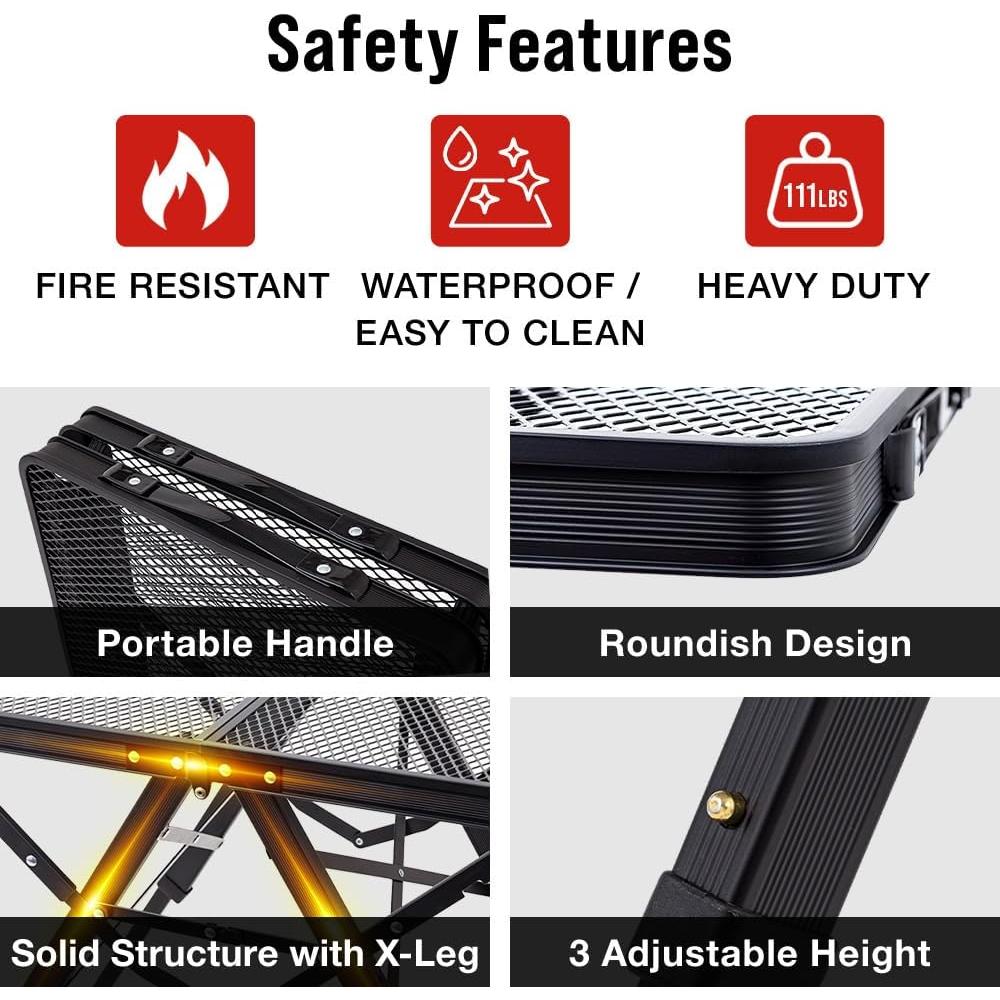 Folding Camping Grill Table 3ft x 1.3ft, Heat Resistant Tabletop Heavy Duty 111lbs, Portable Adjustable Picnic BBQ Outdoor Easy to Use Black (Black, 3ft x 1.3ft - 111lbs)