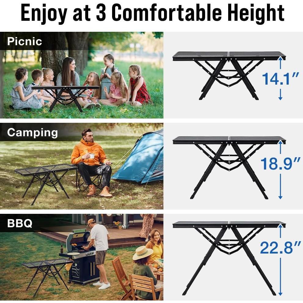 Folding Camping Grill Table 3ft x 1.3ft, Heat Resistant Tabletop Heavy Duty 111lbs, Portable Adjustable Picnic BBQ Outdoor Easy to Use Black (Black, 3ft x 1.3ft - 111lbs)