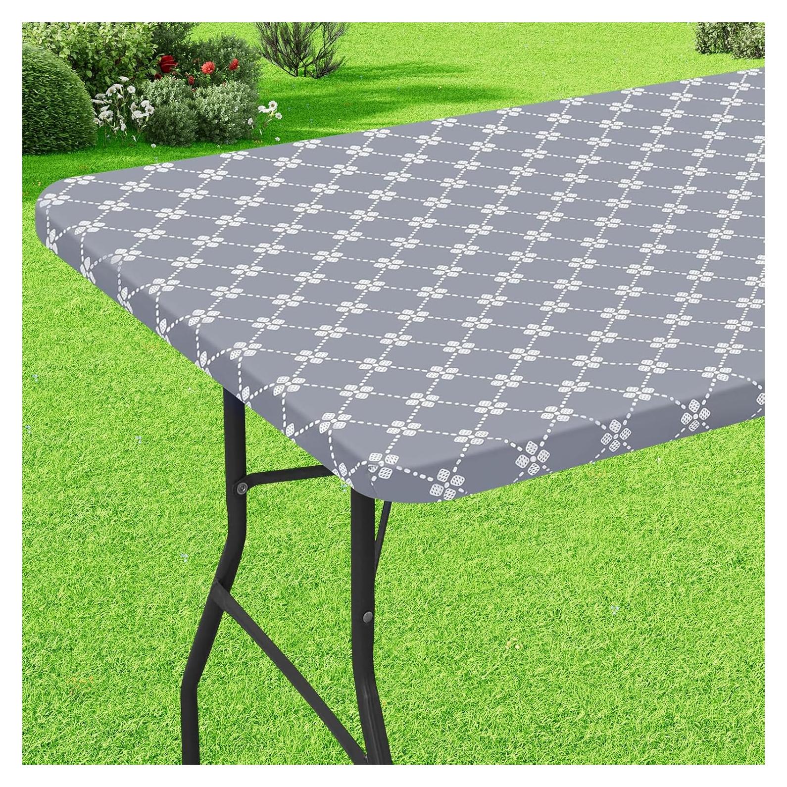 misaya Rectangle Vinyl Table Cloth, Elastic Fitted Tablecloth with Flannel Backing, Waterproof Plastic Table Cover Fits 6 Foot Folding Tables for Camping, Indoor and Outdoor (Grey, 30" x 72")