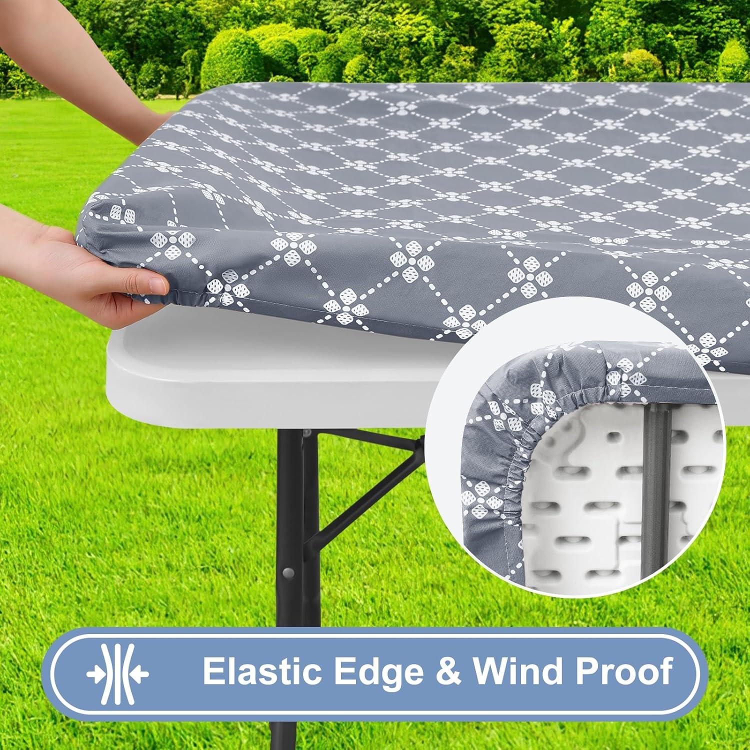 misaya Rectangle Vinyl Table Cloth, Elastic Fitted Tablecloth with Flannel Backing, Waterproof Plastic Table Cover Fits 6 Foot Folding Tables for Camping, Indoor and Outdoor (Grey, 30" x 72")