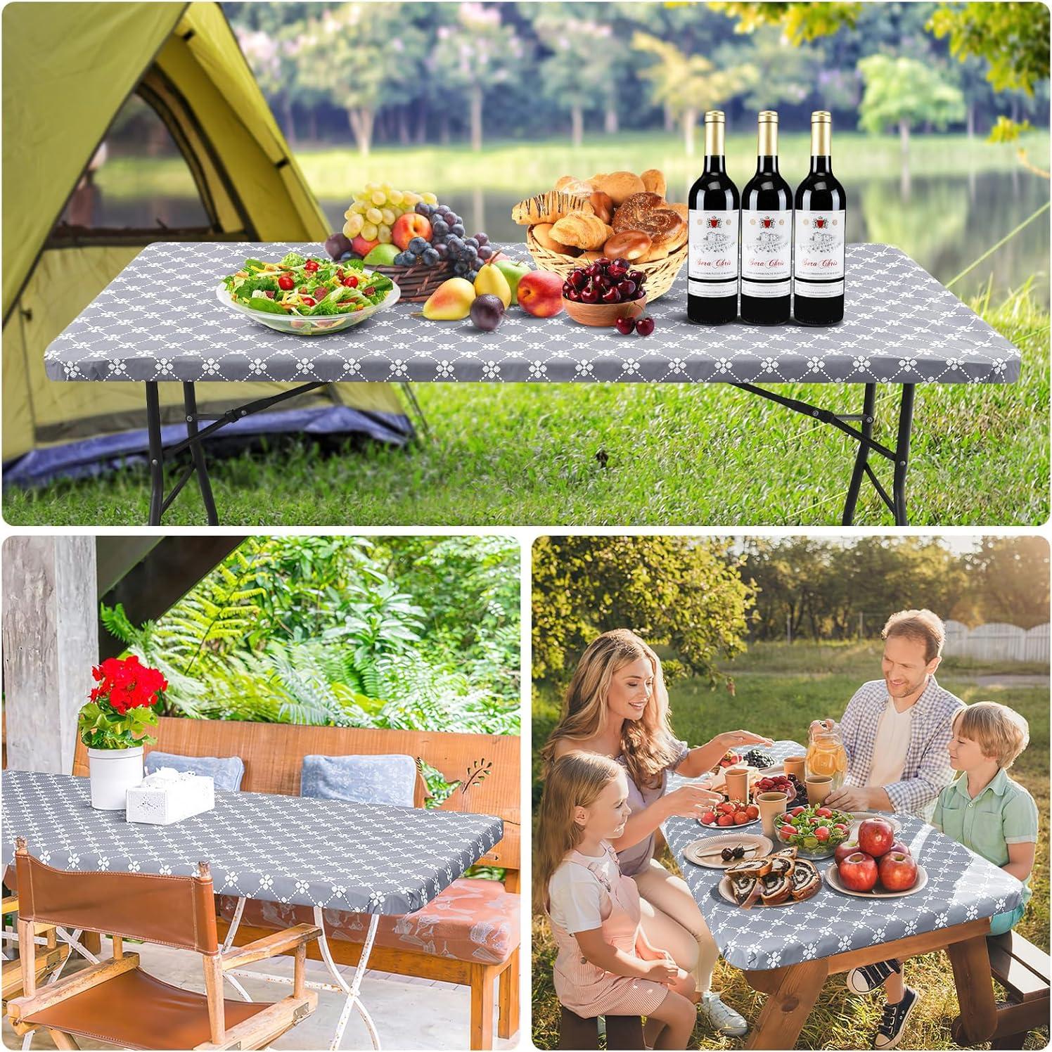 misaya Rectangle Vinyl Table Cloth, Elastic Fitted Tablecloth with Flannel Backing, Waterproof Plastic Table Cover Fits 6 Foot Folding Tables for Camping, Indoor and Outdoor (Grey, 30" x 72")