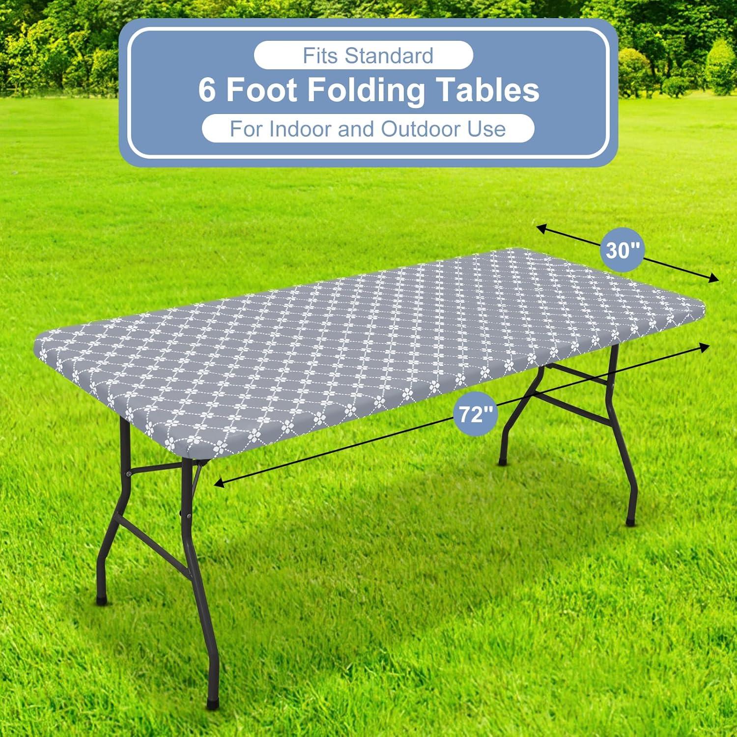 misaya Rectangle Vinyl Table Cloth, Elastic Fitted Tablecloth with Flannel Backing, Waterproof Plastic Table Cover Fits 6 Foot Folding Tables for Camping, Indoor and Outdoor (Grey, 30" x 72")