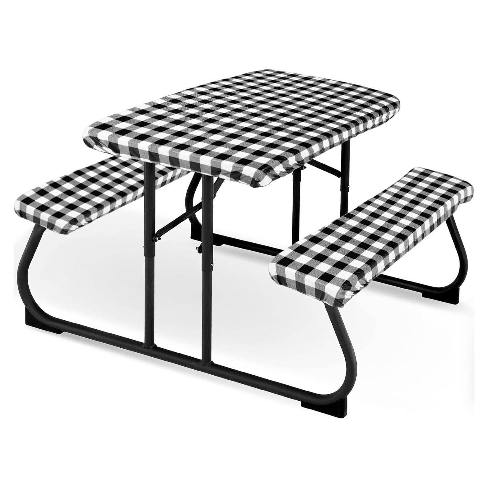 Moukeren 3 Pieces Picnic Table Cover for Kids with Bench Covers Fitted Tablecloth for Outdoors Vinyl Waterproof Cloth for Camping Home Goods Indoor Outdoor Patio BBQ(Black, White)