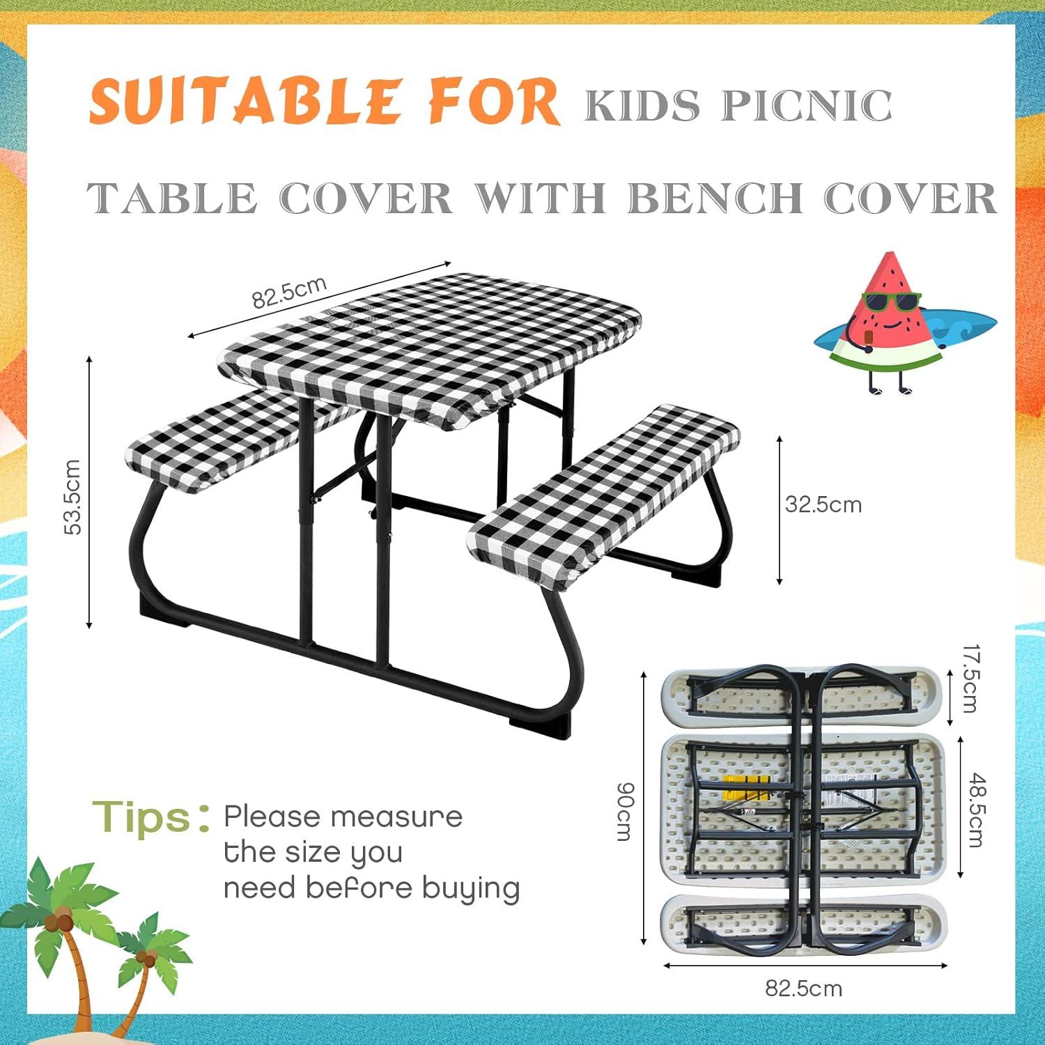 Moukeren 3 Pieces Picnic Table Cover for Kids with Bench Covers Fitted Tablecloth for Outdoors Vinyl Waterproof Cloth for Camping Home Goods Indoor Outdoor Patio BBQ(Black, White)