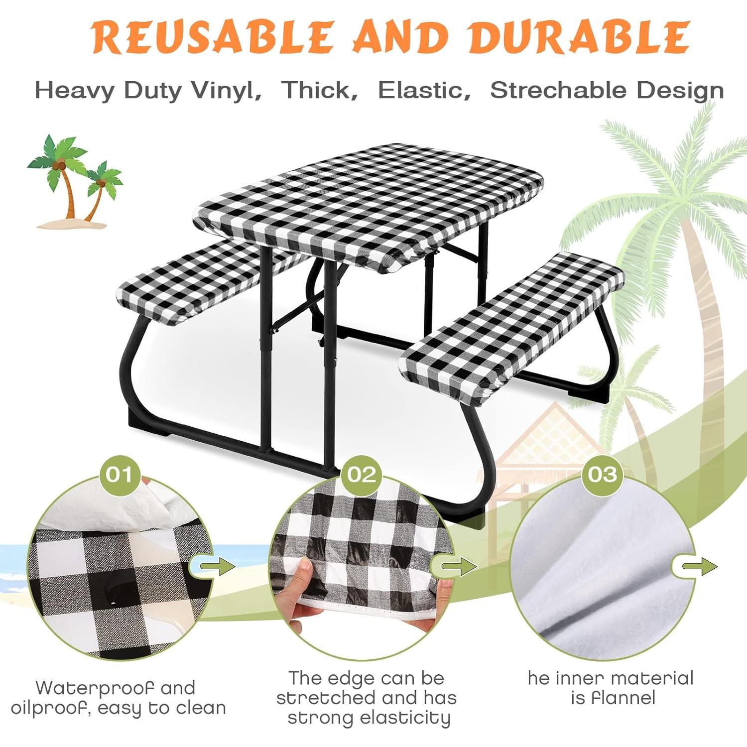 Moukeren 3 Pieces Picnic Table Cover for Kids with Bench Covers Fitted Tablecloth for Outdoors Vinyl Waterproof Cloth for Camping Home Goods Indoor Outdoor Patio BBQ(Black, White)
