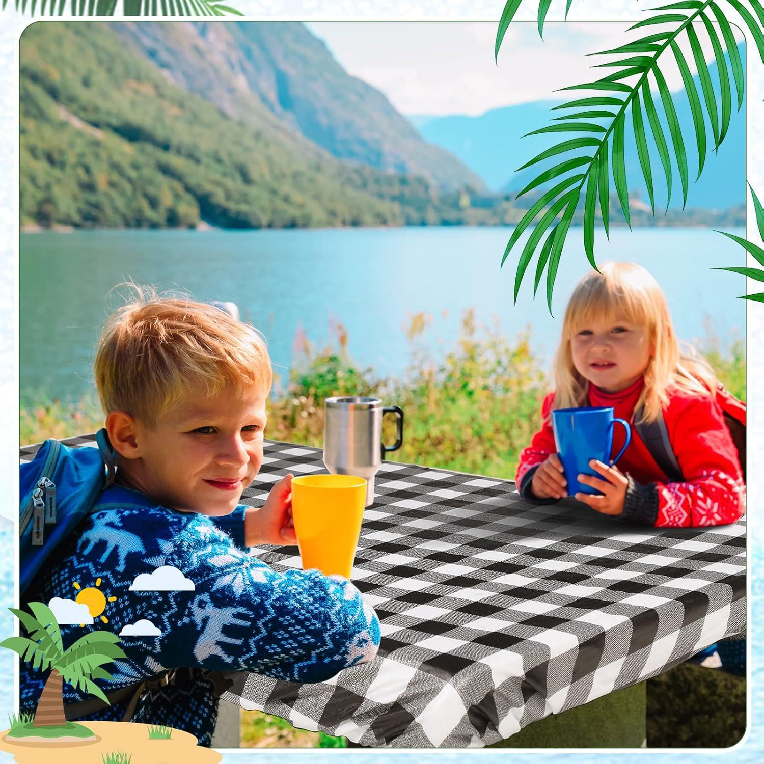 Moukeren 3 Pieces Picnic Table Cover for Kids with Bench Covers Fitted Tablecloth for Outdoors Vinyl Waterproof Cloth for Camping Home Goods Indoor Outdoor Patio BBQ(Black, White)