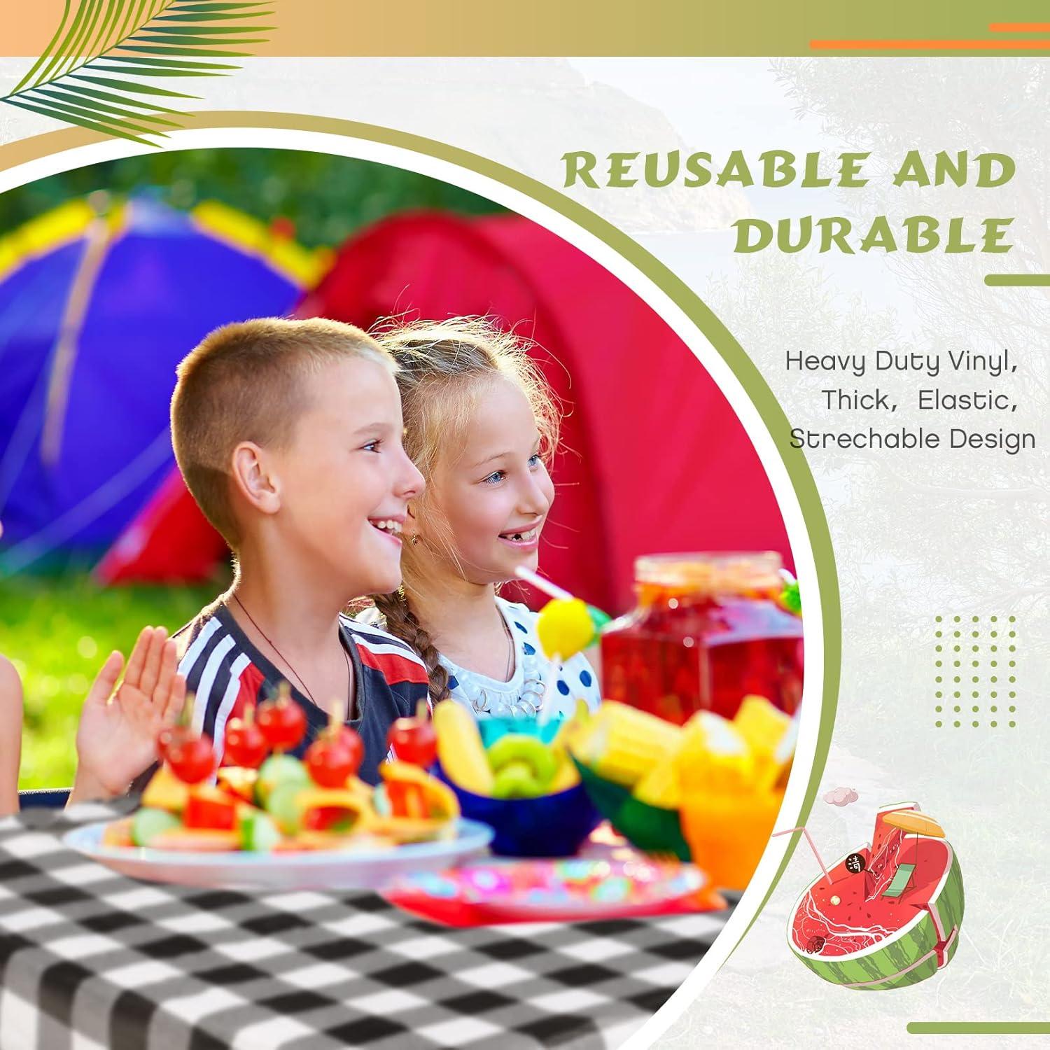 Moukeren 3 Pieces Picnic Table Cover for Kids with Bench Covers Fitted Tablecloth for Outdoors Vinyl Waterproof Cloth for Camping Home Goods Indoor Outdoor Patio BBQ(Black, White)