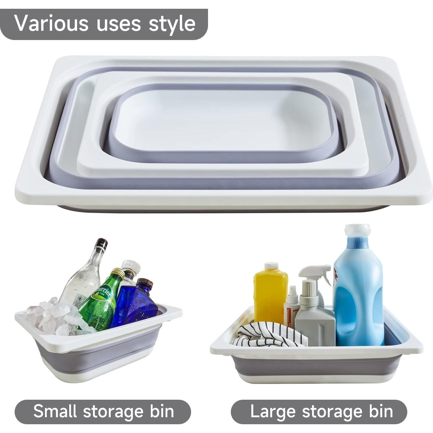 Beright 2 Pack Storage Bins, Collapsible Wash Basin Folding Dish Tub Sink, Space Saving for Dishing, Fruit, and Camping, Hiking and Home, Grey, 2 in 1 Set