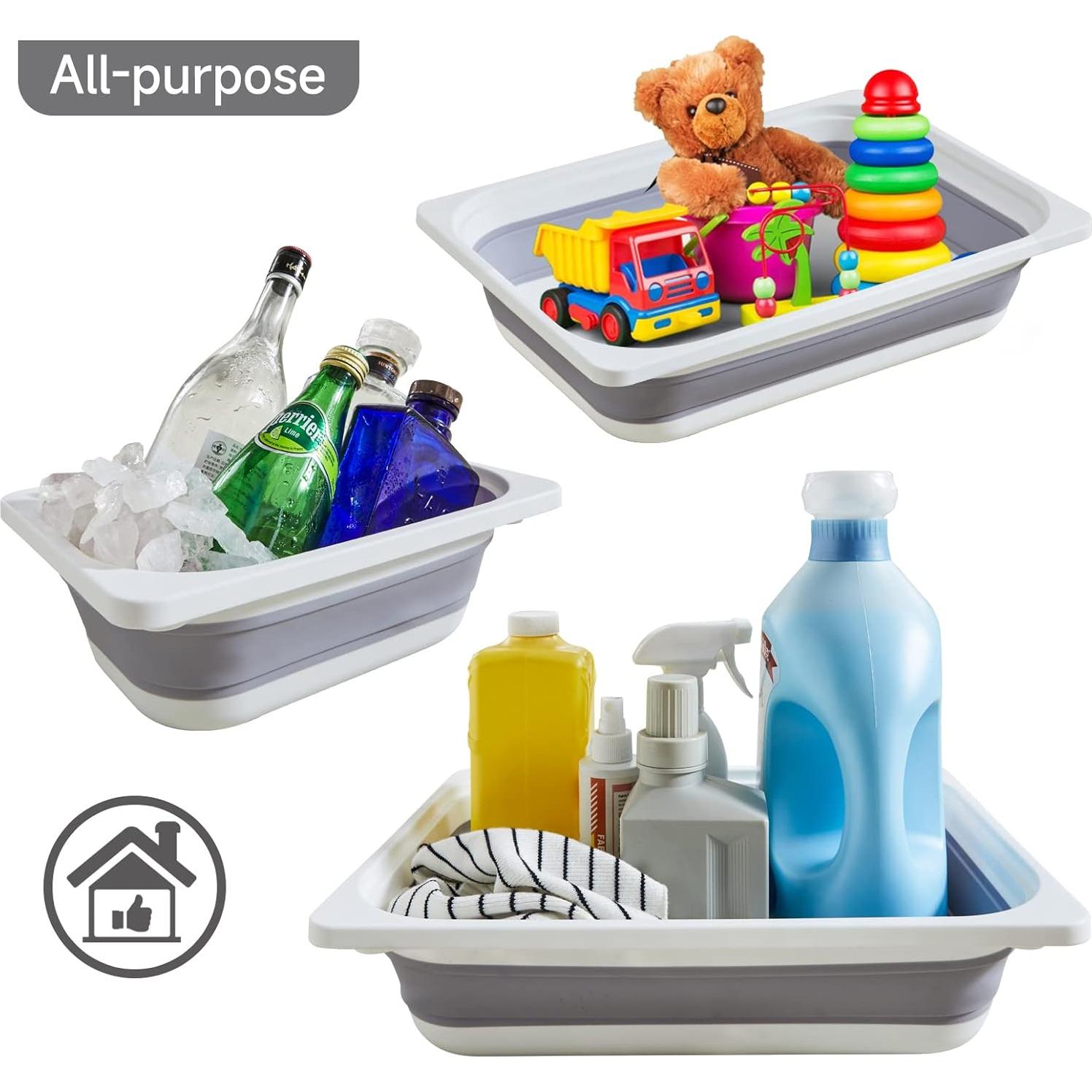 Beright 2 Pack Storage Bins, Collapsible Wash Basin Folding Dish Tub Sink, Space Saving for Dishing, Fruit, and Camping, Hiking and Home, Grey, 2 in 1 Set