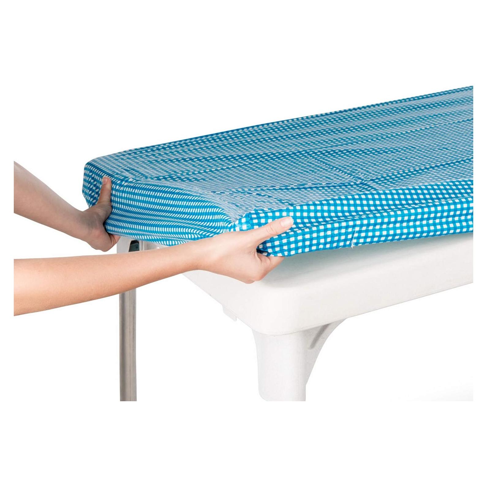Picnic Table Cover Blue Checkered Elastic Table Cloth on The Corner for Folding Table 6ft 30"x72" Outdoor TableCloths Waterproof Stay Put Party Table Covers Plastic Tablecloth Birthday