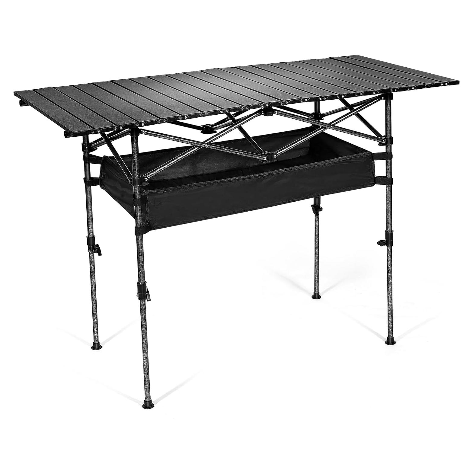 Folding Camping Table, Portable Iron Roll-up Picnic Backpacking Table with Adjustable Height, Large Storage and Carrying Bag for Picnic, Camping, BBQ, Party, Backyard, Beach