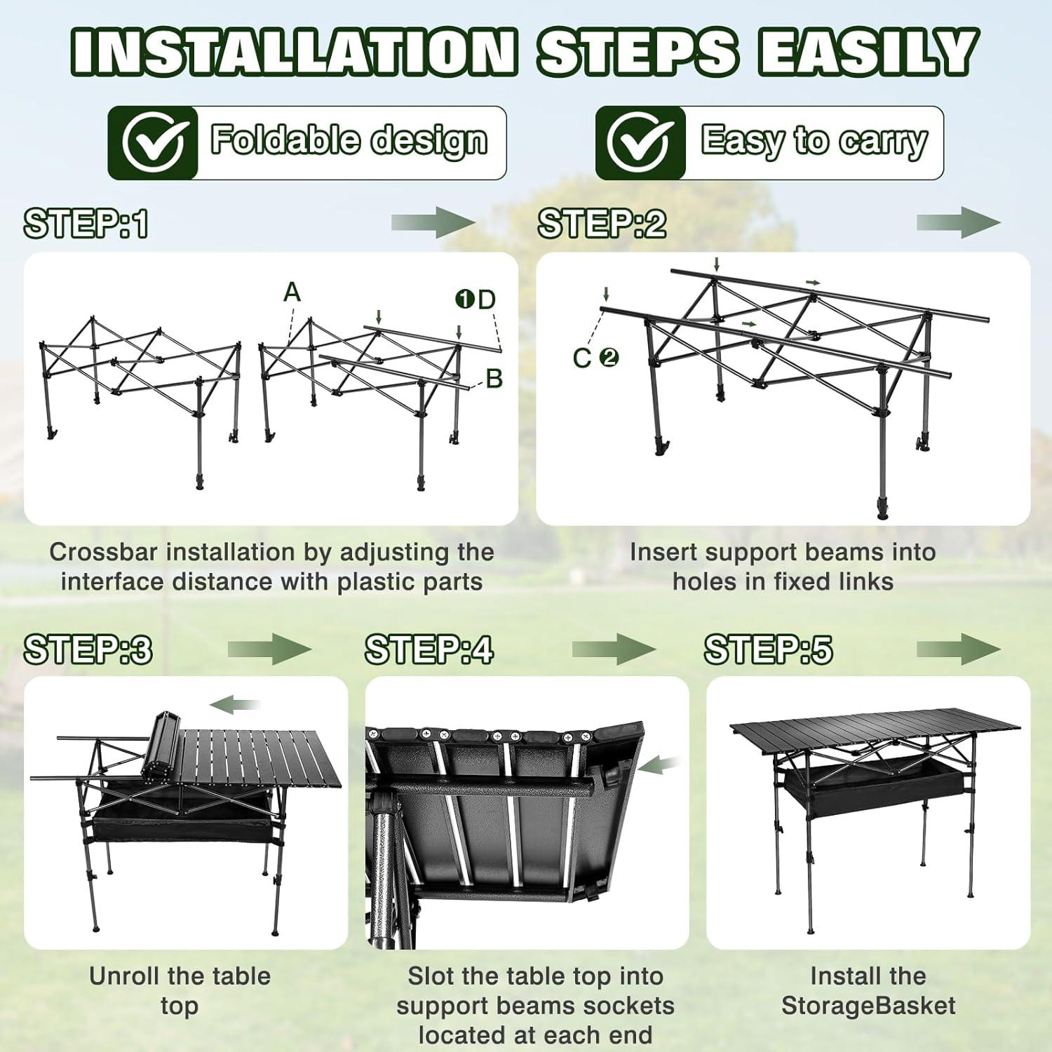 Folding Camping Table, Portable Iron Roll-up Picnic Backpacking Table with Adjustable Height, Large Storage and Carrying Bag for Picnic, Camping, BBQ, Party, Backyard, Beach