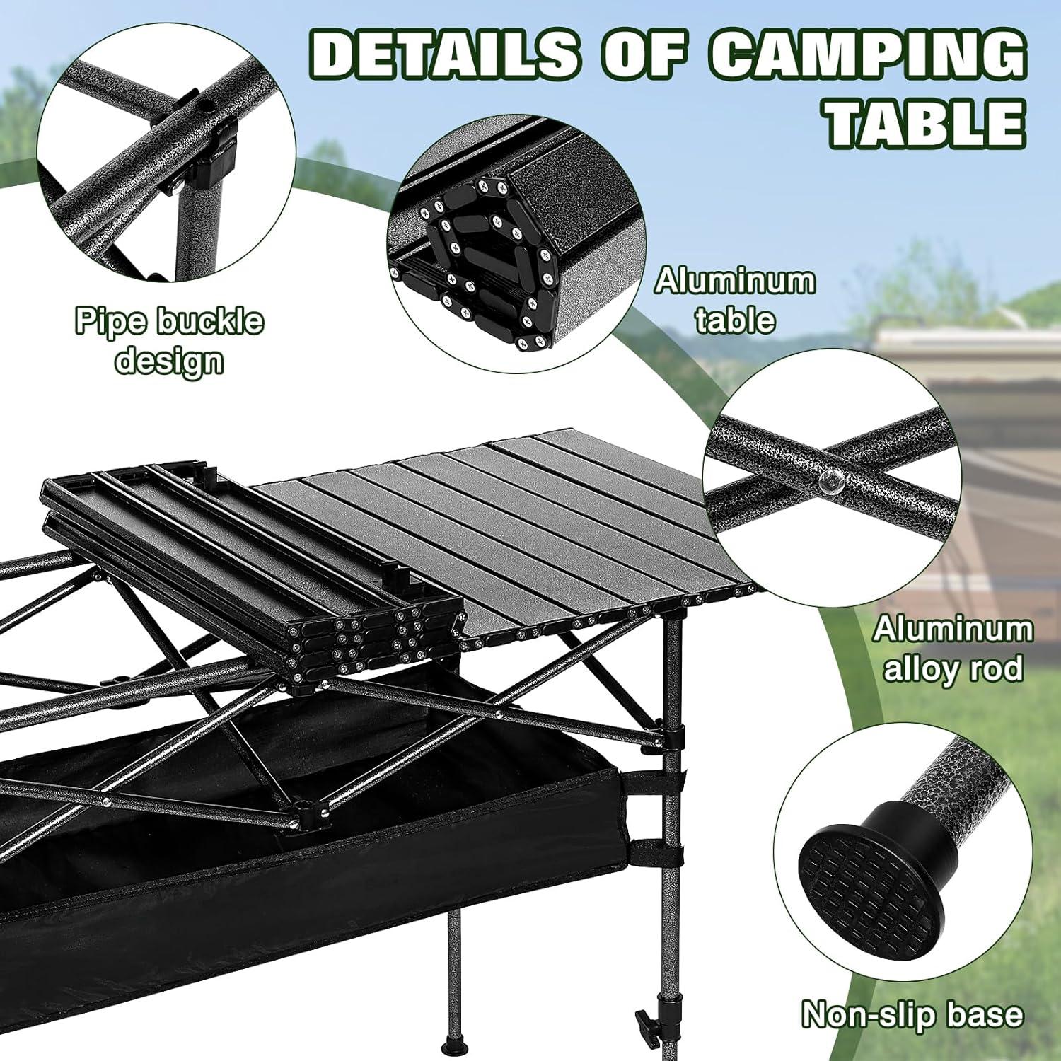 Folding Camping Table, Portable Iron Roll-up Picnic Backpacking Table with Adjustable Height, Large Storage and Carrying Bag for Picnic, Camping, BBQ, Party, Backyard, Beach