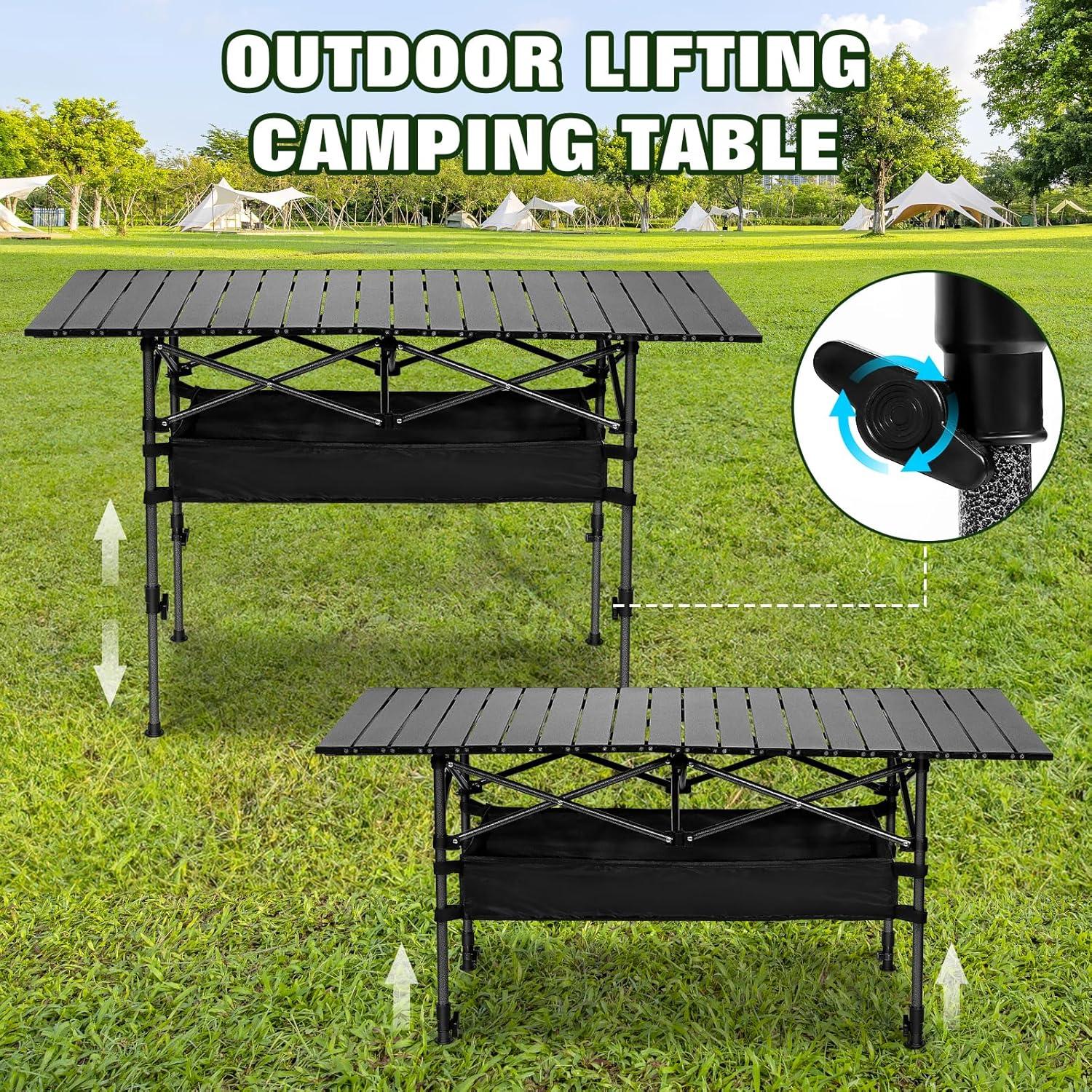 Folding Camping Table, Portable Iron Roll-up Picnic Backpacking Table with Adjustable Height, Large Storage and Carrying Bag for Picnic, Camping, BBQ, Party, Backyard, Beach
