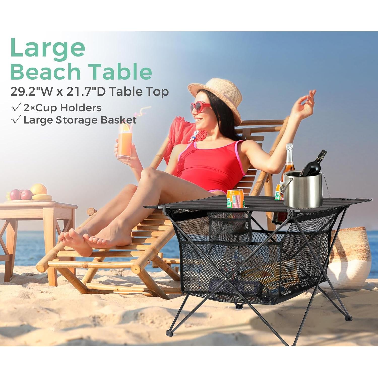 Lightweight Portable Camping Table - Fold Up Beach Side Table with 2 Drink Holders, Collapsible & Compact for Fishing Outdoor Picnic, Large Storage Basket, 29.2" W x 21.7" D (Black)