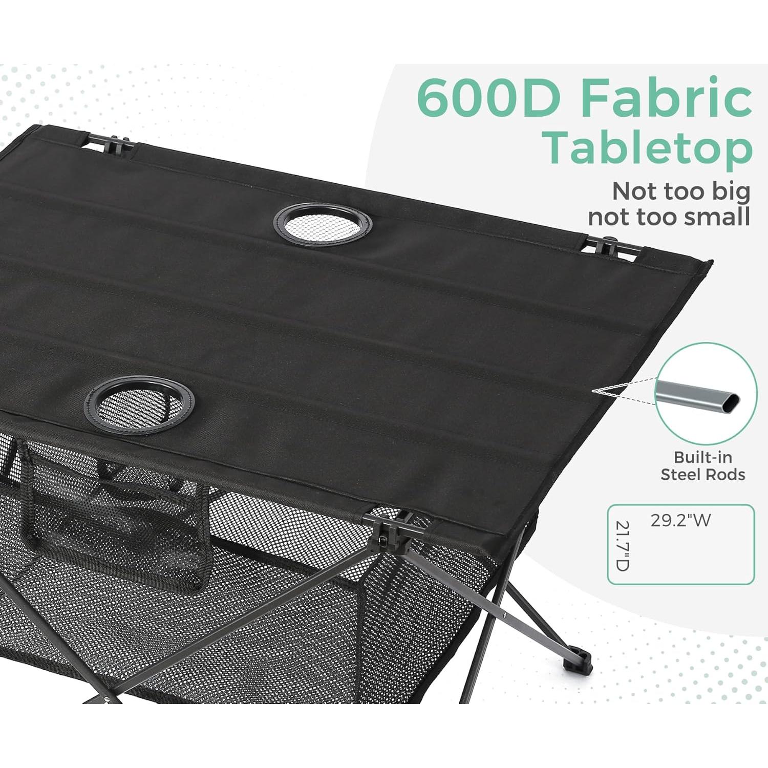 Lightweight Portable Camping Table - Fold Up Beach Side Table with 2 Drink Holders, Collapsible & Compact for Fishing Outdoor Picnic, Large Storage Basket, 29.2" W x 21.7" D (Black)