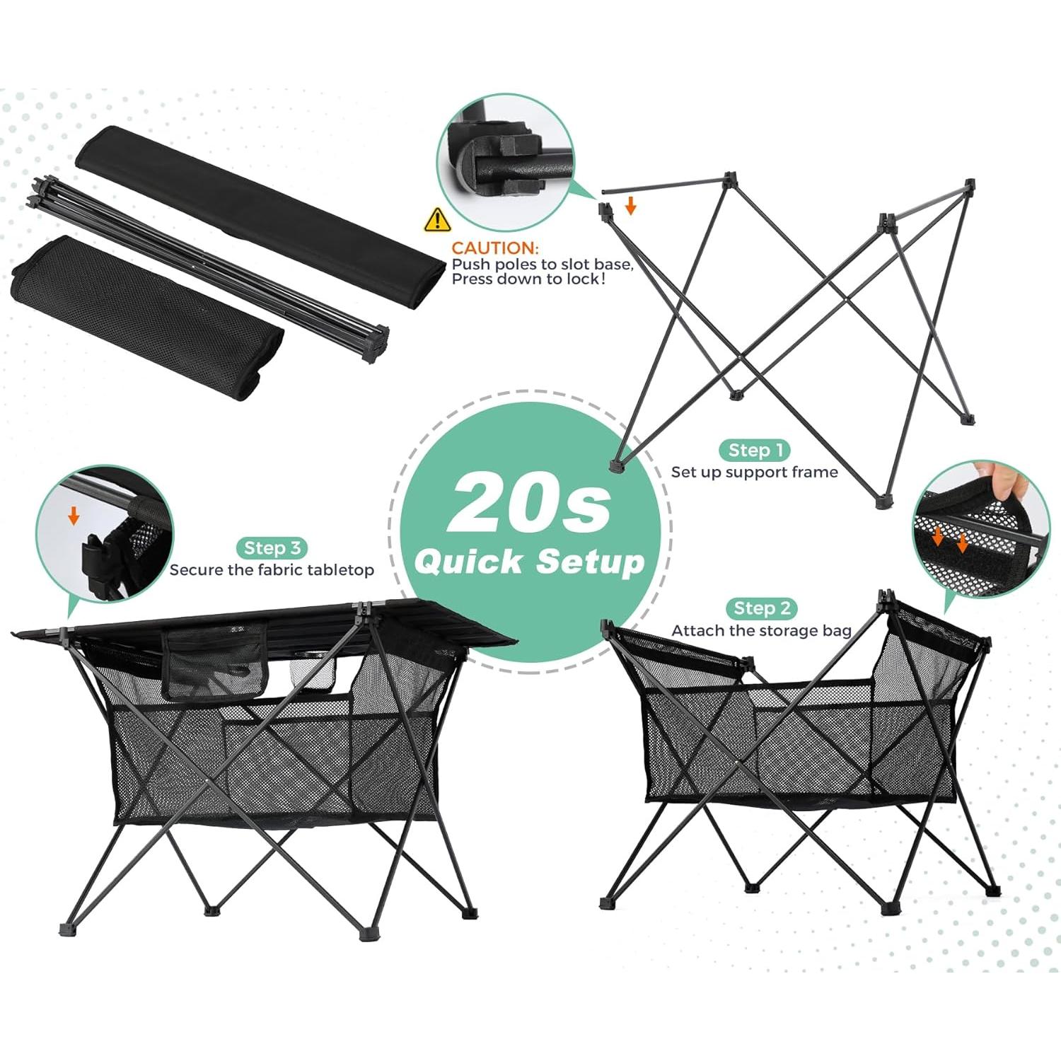 Lightweight Portable Camping Table - Fold Up Beach Side Table with 2 Drink Holders, Collapsible & Compact for Fishing Outdoor Picnic, Large Storage Basket, 29.2" W x 21.7" D (Black)