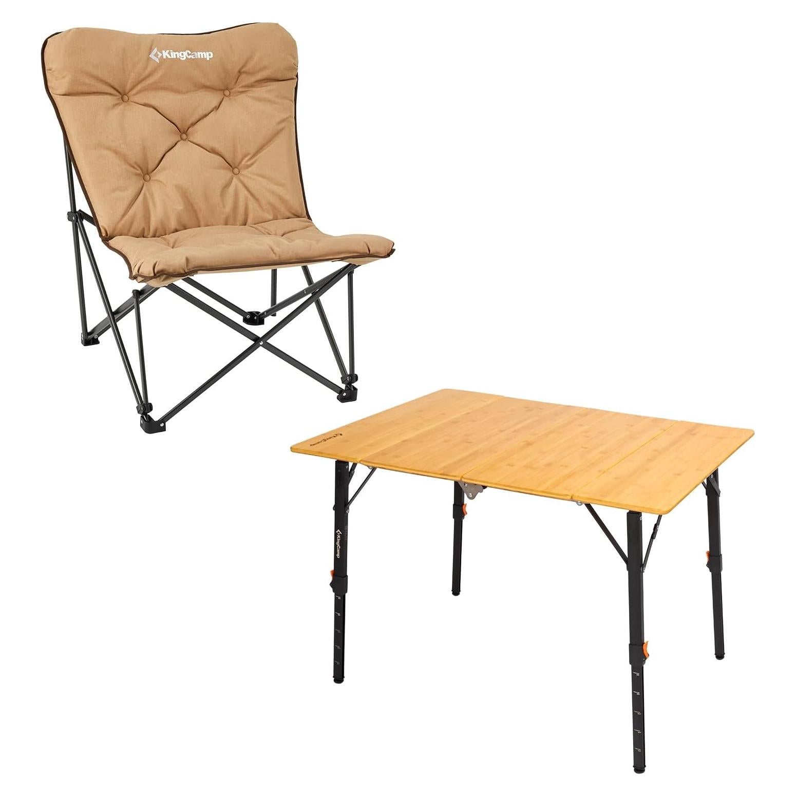 KingCamp Padded Oversized Camping Chair and Bamboo Folding Table 4-Fold Portable Camping Table with Visual Adjustable Height Aluminum Legs,Outdoor Lightweight Camp Tables with Carry Bag