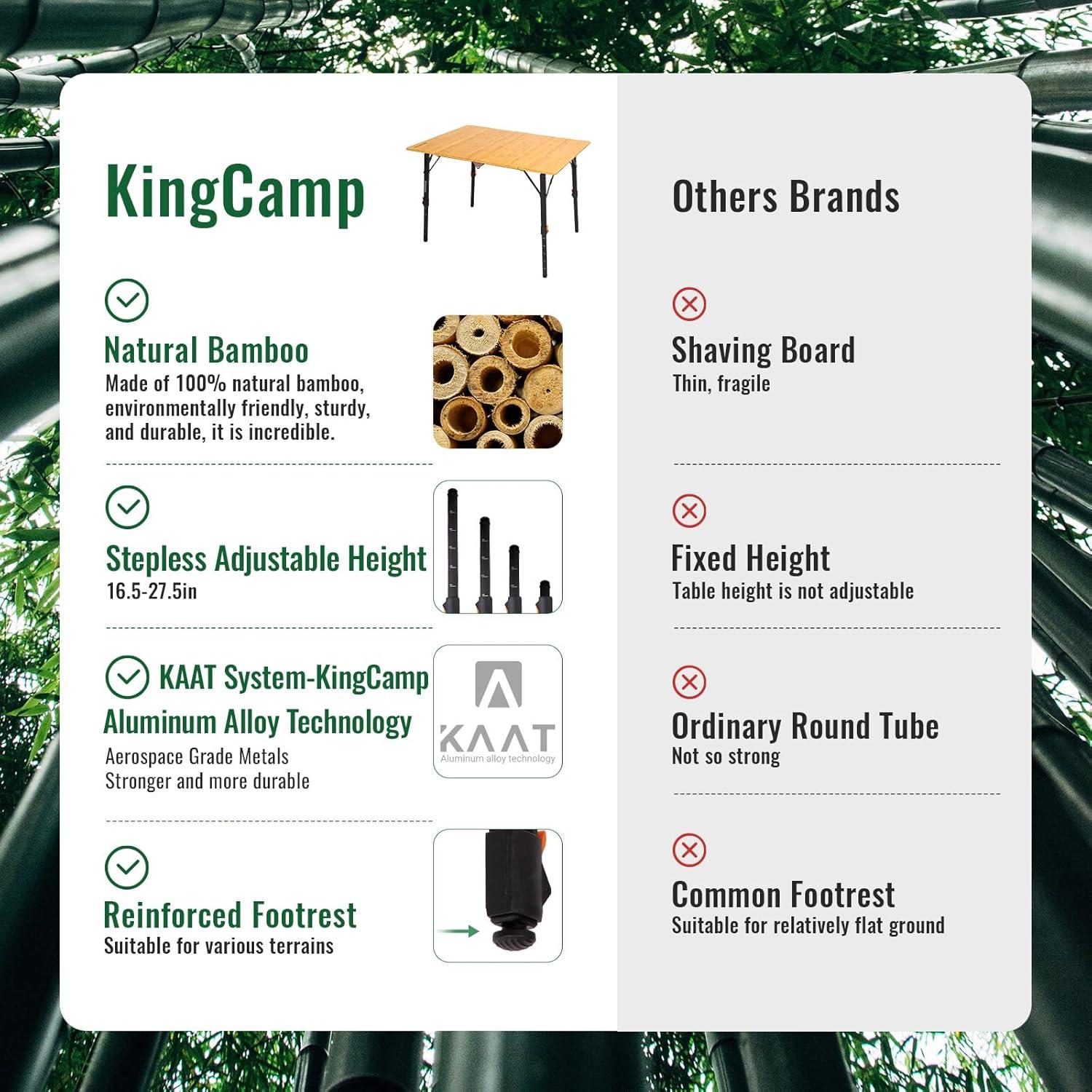 KingCamp Padded Oversized Camping Chair and Bamboo Folding Table 4-Fold Portable Camping Table with Visual Adjustable Height Aluminum Legs,Outdoor Lightweight Camp Tables with Carry Bag