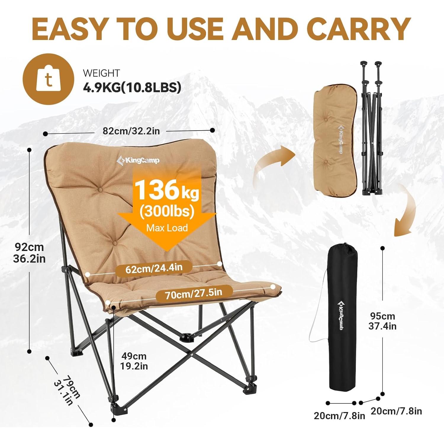 KingCamp Padded Oversized Camping Chair and Bamboo Folding Table 4-Fold Portable Camping Table with Visual Adjustable Height Aluminum Legs,Outdoor Lightweight Camp Tables with Carry Bag