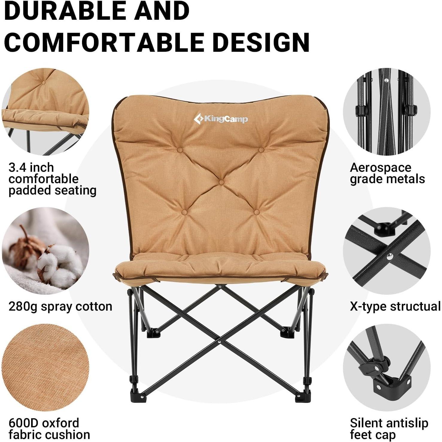 KingCamp Padded Oversized Camping Chair and Bamboo Folding Table 4-Fold Portable Camping Table with Visual Adjustable Height Aluminum Legs,Outdoor Lightweight Camp Tables with Carry Bag