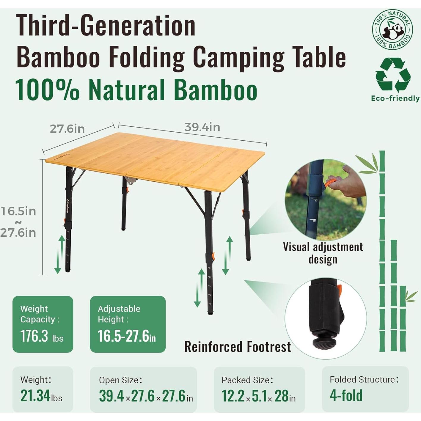 Padded Oversized Camping Chair Bamboo Folding Table 4-Fold Portable Camping Table with Visual Adjustable Height Aluminum Legs,Outdoor Lightweight Camp Tables with Carry Bag