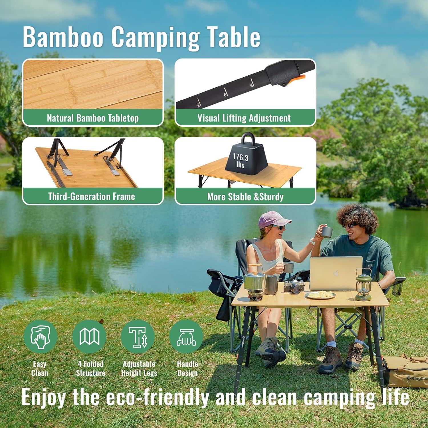Padded Oversized Camping Chair Bamboo Folding Table 4-Fold Portable Camping Table with Visual Adjustable Height Aluminum Legs,Outdoor Lightweight Camp Tables with Carry Bag