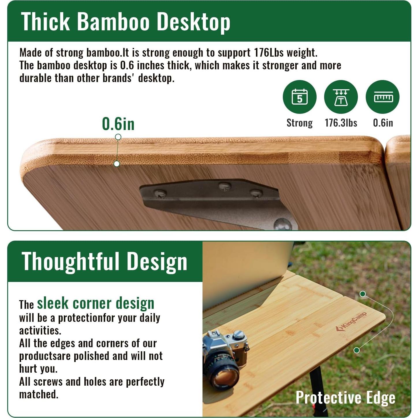 Padded Oversized Camping Chair Bamboo Folding Table 4-Fold Portable Camping Table with Visual Adjustable Height Aluminum Legs,Outdoor Lightweight Camp Tables with Carry Bag