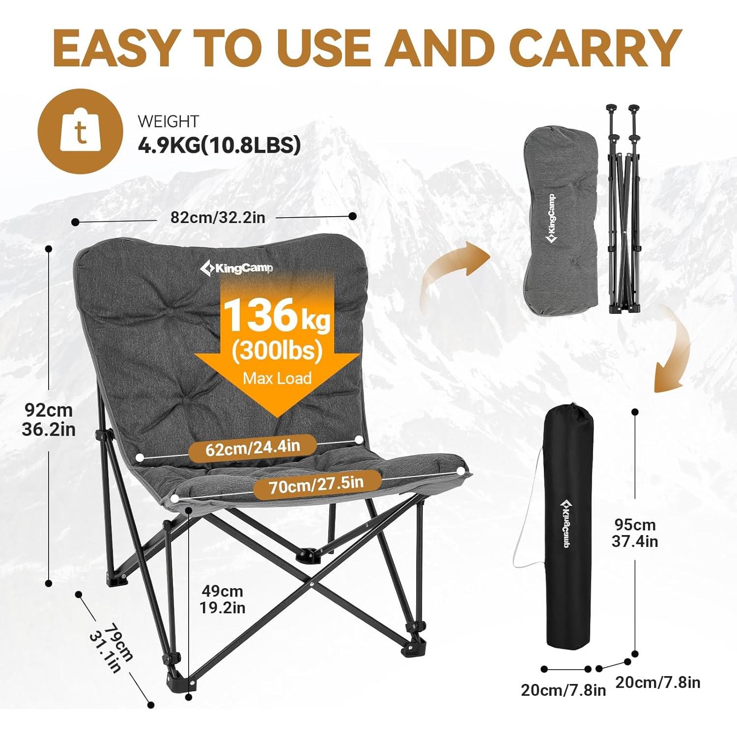 Padded Oversized Camping Chair Bamboo Folding Table 4-Fold Portable Camping Table with Visual Adjustable Height Aluminum Legs,Outdoor Lightweight Camp Tables with Carry Bag