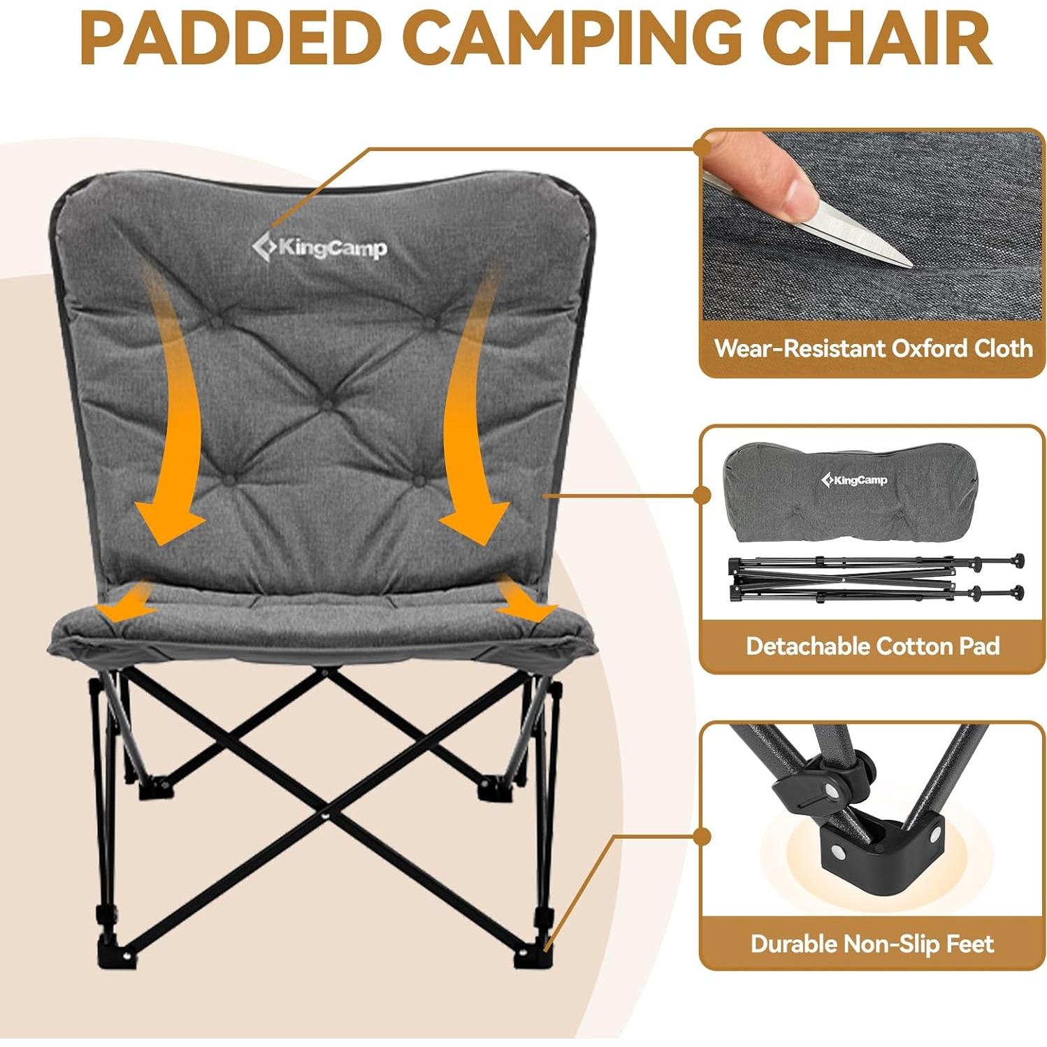 Padded Oversized Camping Chair Bamboo Folding Table 4-Fold Portable Camping Table with Visual Adjustable Height Aluminum Legs,Outdoor Lightweight Camp Tables with Carry Bag