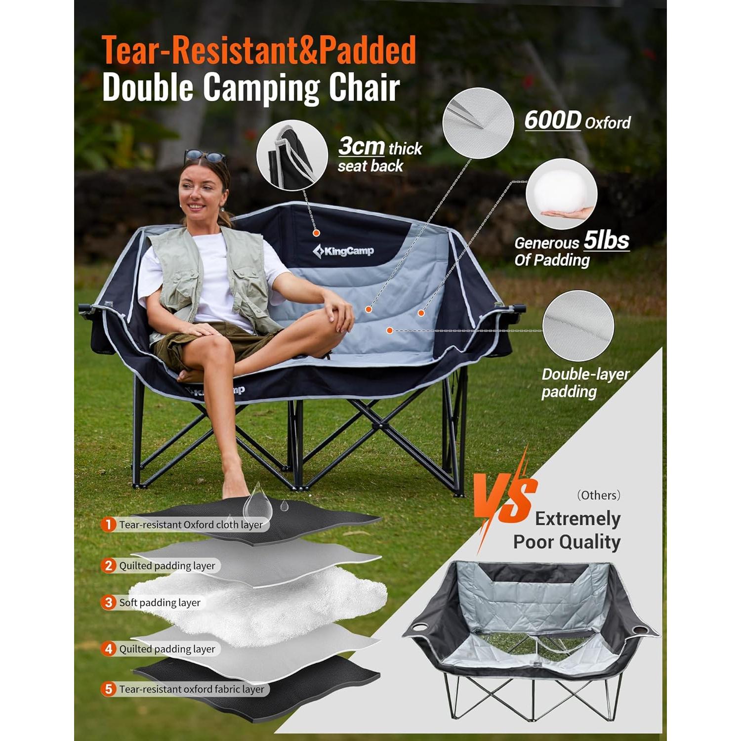 Silla de Camping Doble KingCamp con Porta Vasos y Mesa Plegable