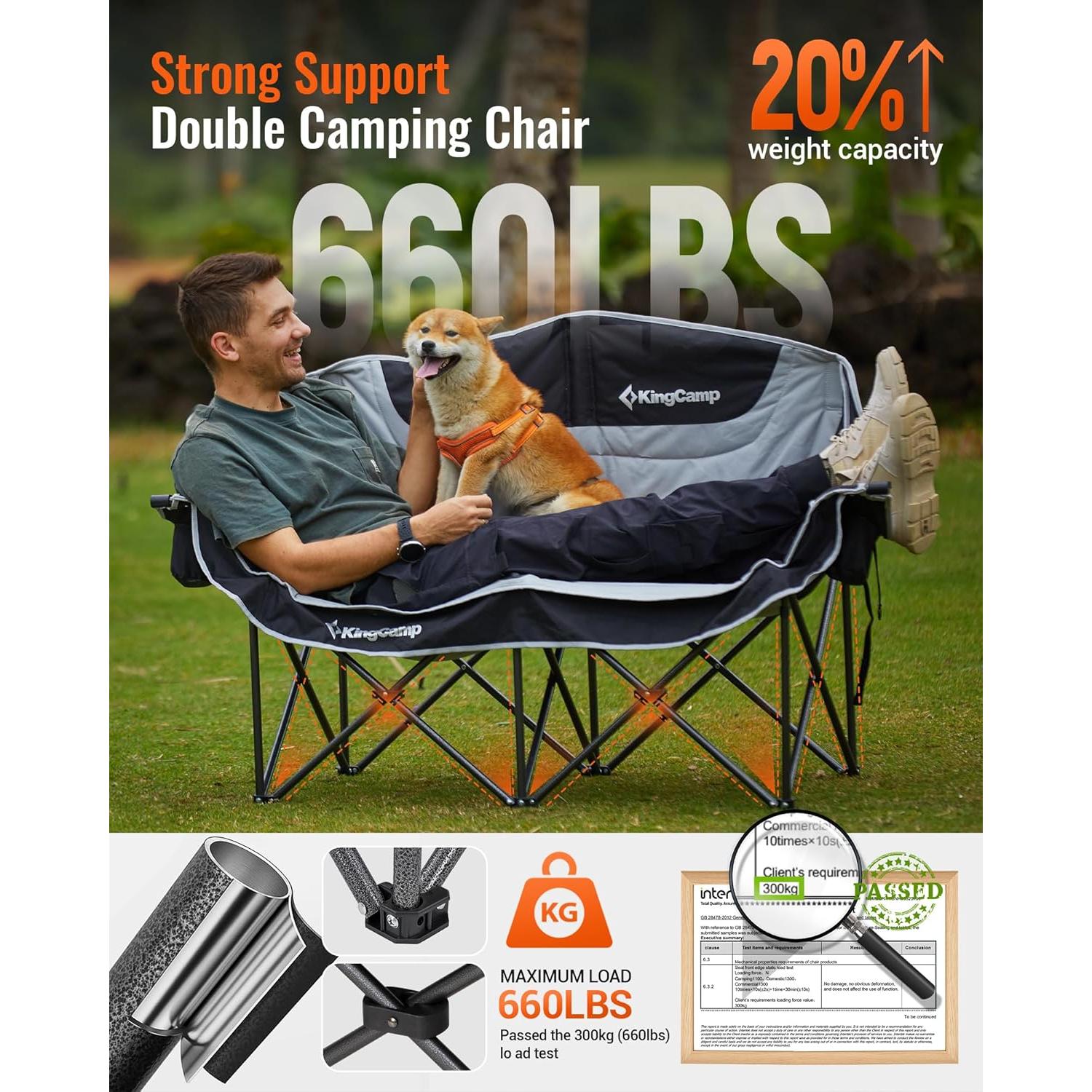 Silla de Camping Doble KingCamp con Porta Vasos y Mesa Plegable